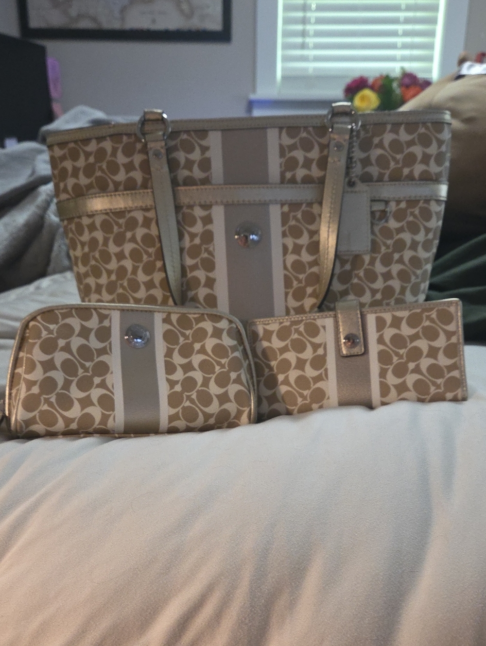 Coach Beige Signature Stripe Tote with Wallet and Cosmetic Case Set